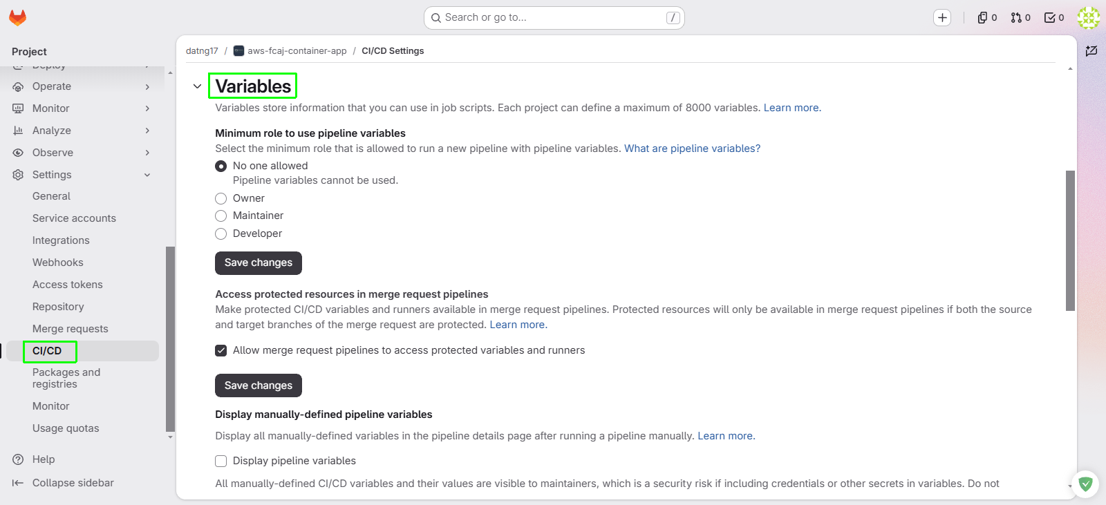 Access CI/CD Settings
