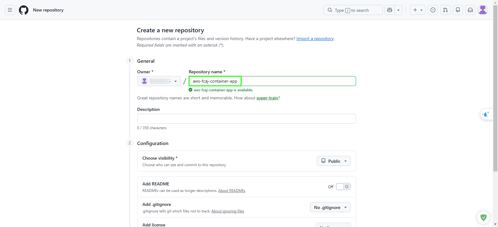 Create a new repository form