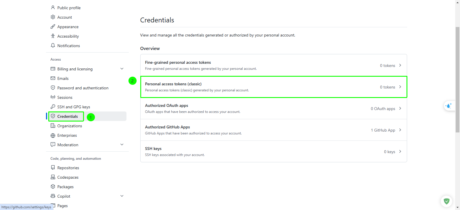 Personal access tokens classic menu