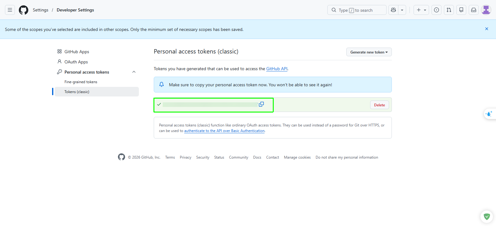 Copy generated personal access token