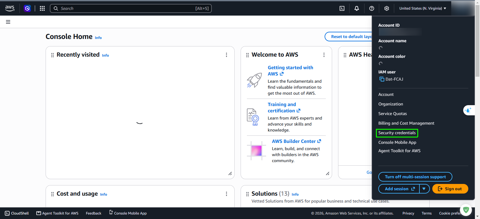 AWS console navigation to security credentials