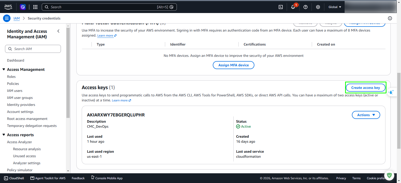 Create access key button in IAM