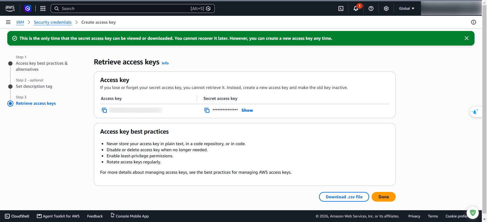 Retrieve access keys and download CSV file