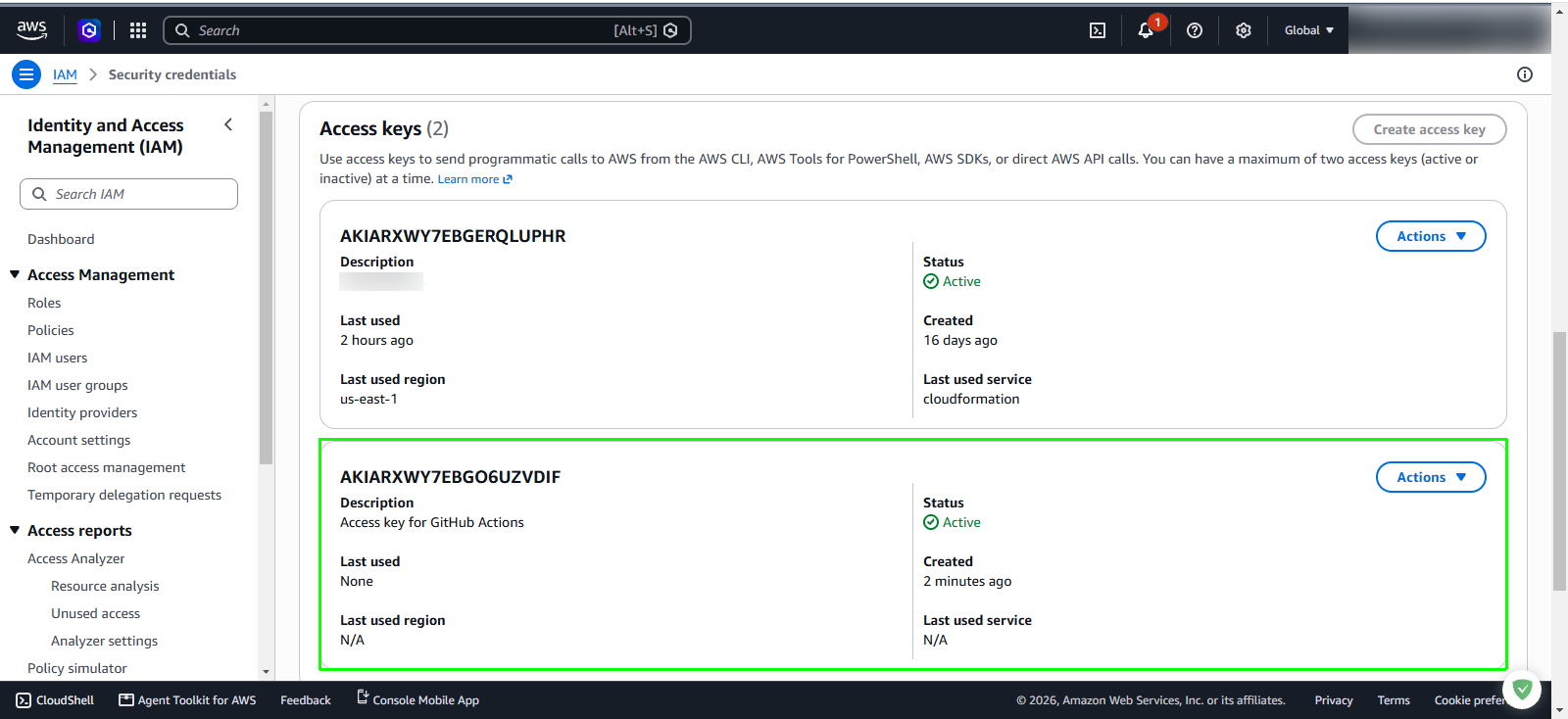 Active access keys list in IAM console