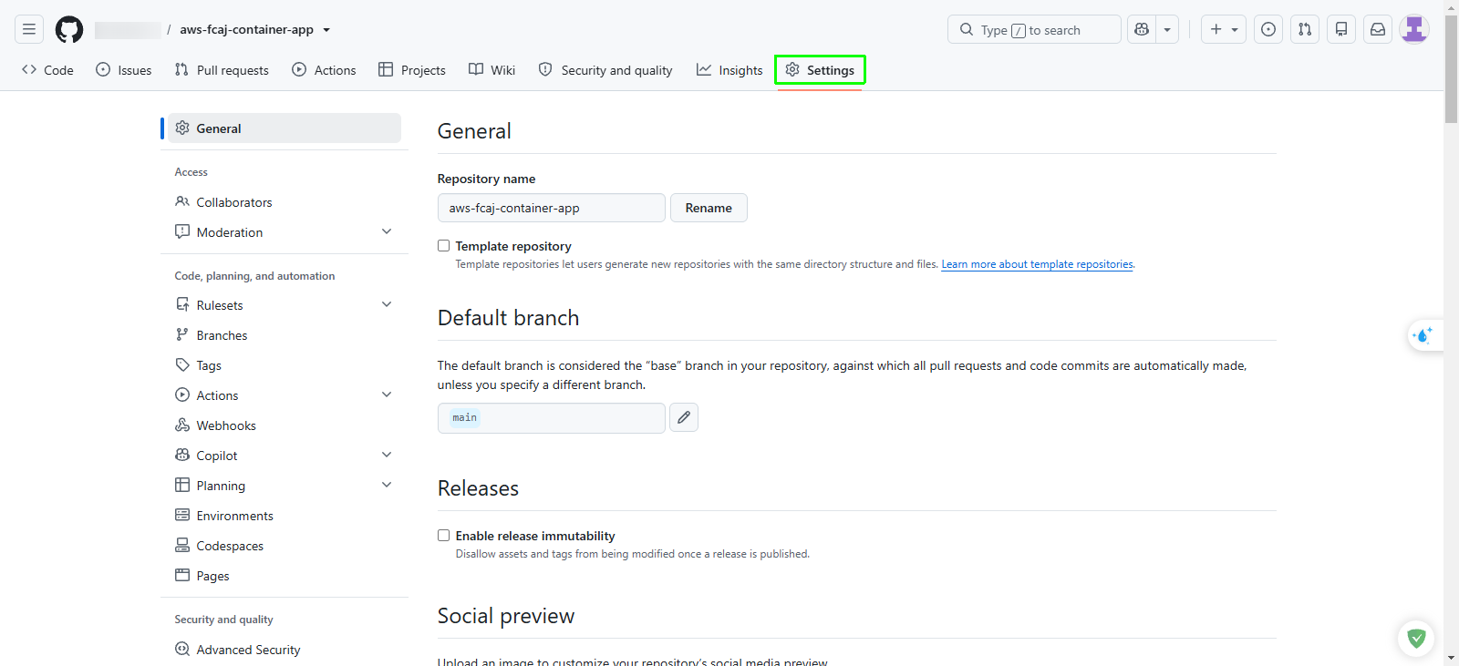 GitHub repository settings tab