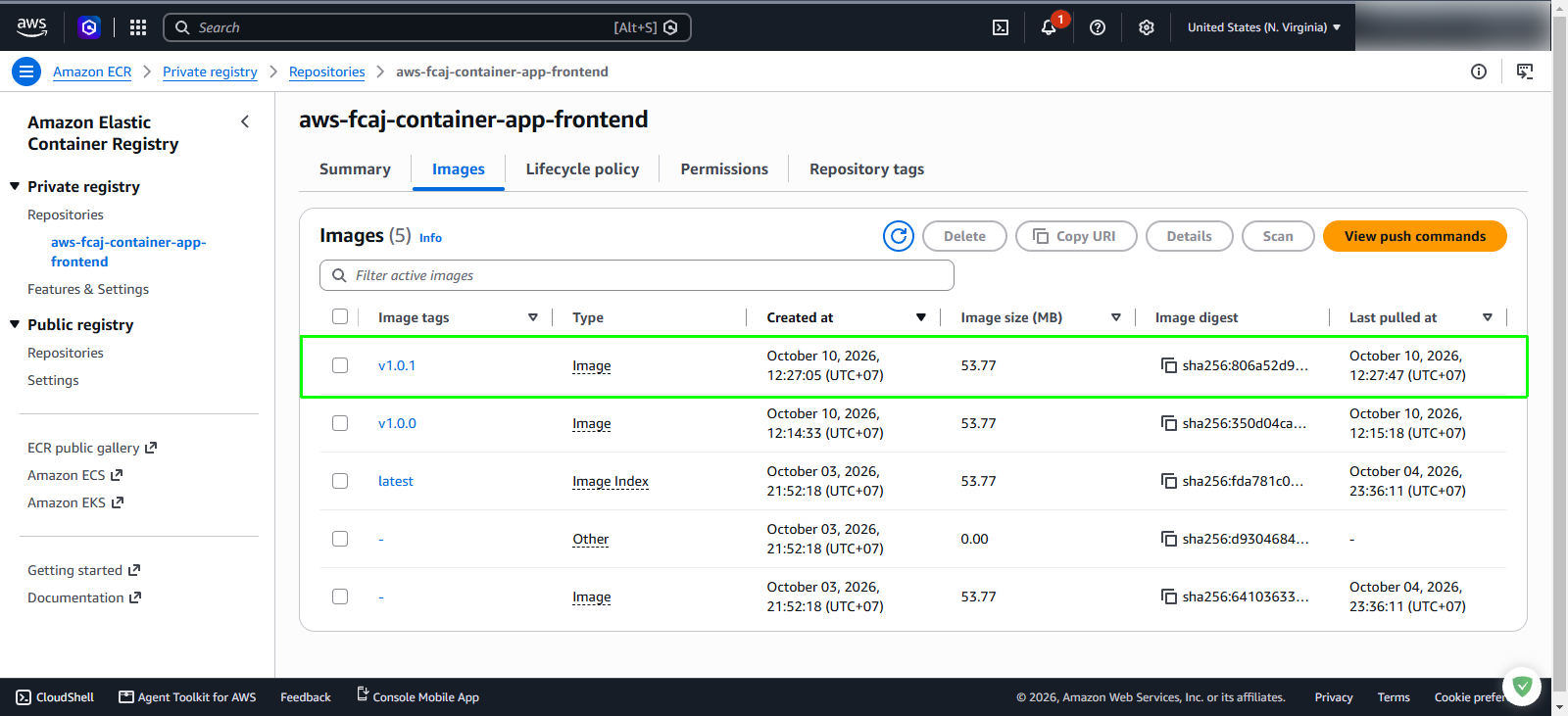 Amazon ECR frontend repository images
