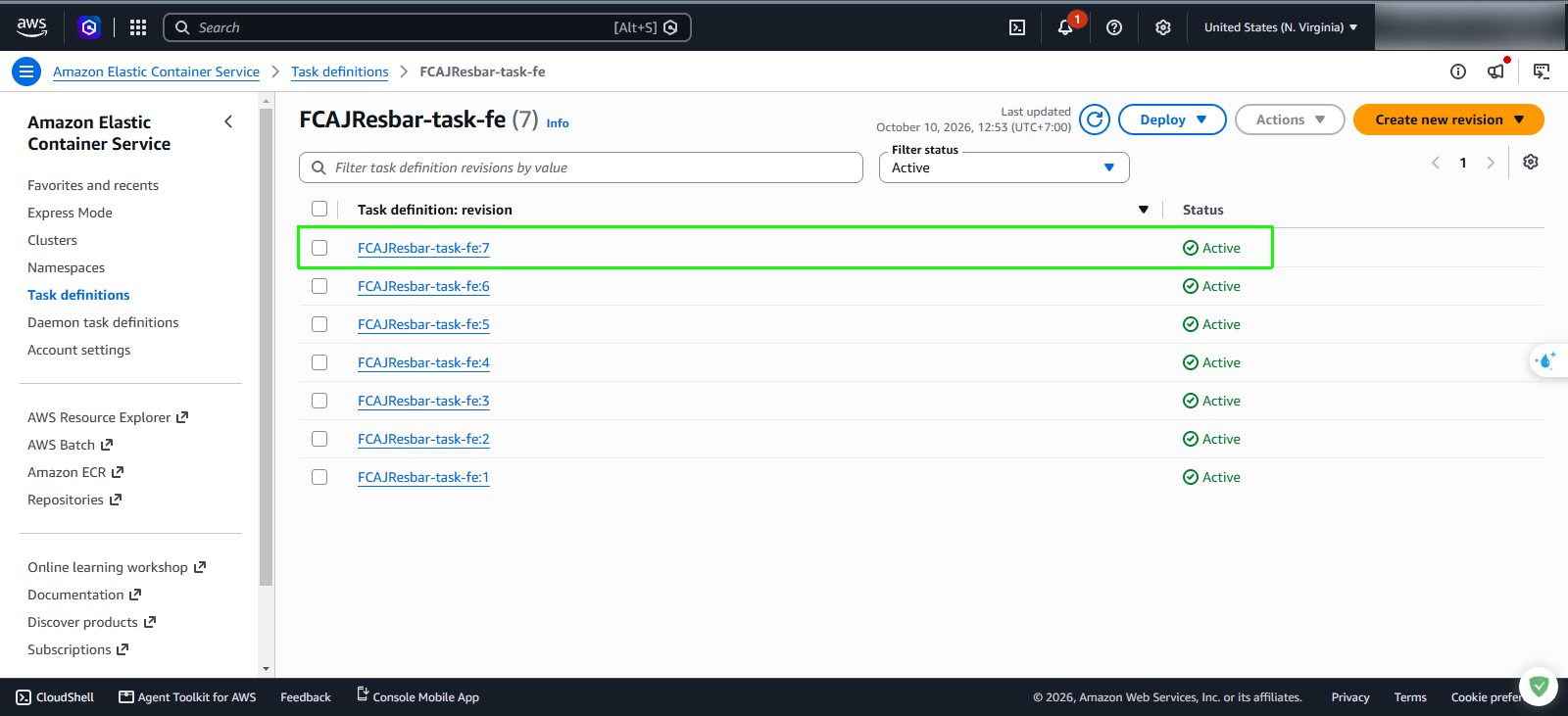 Amazon ECS frontend task definition revisions
