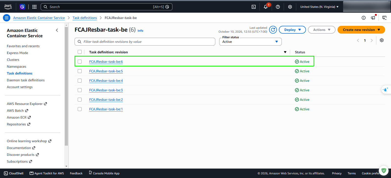 Amazon ECS backend task definition revisions