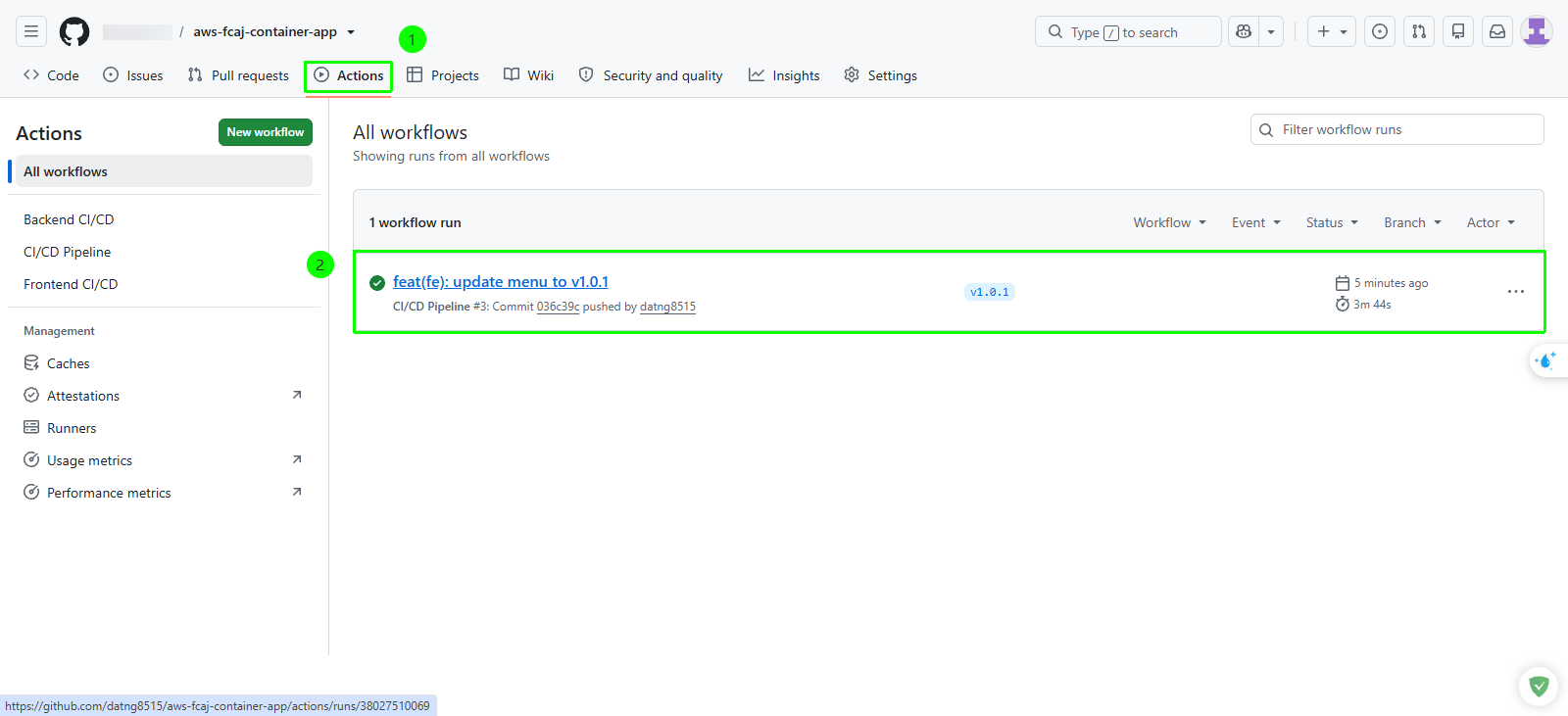 GitHub Actions workflow run in list