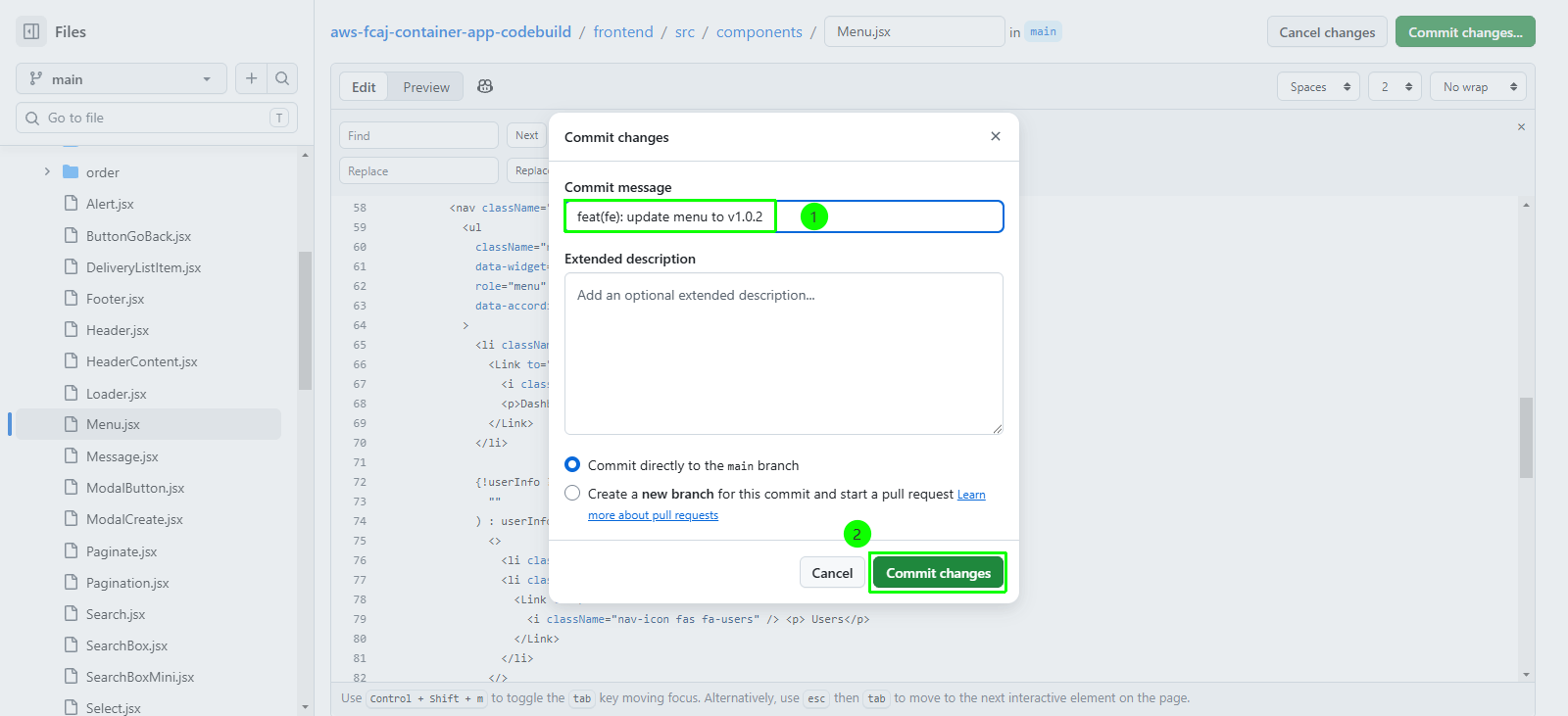 Commit changes modal dialog