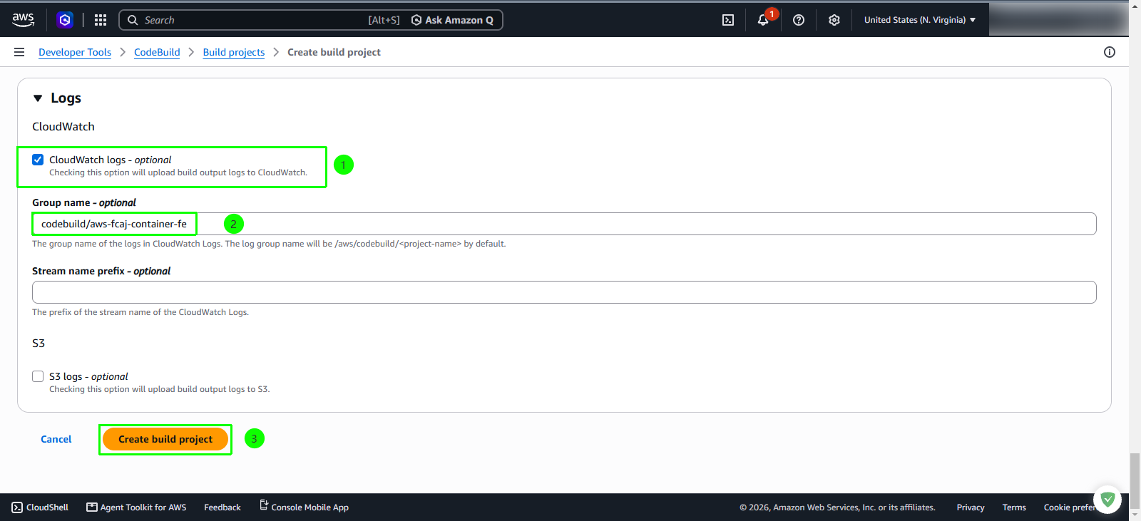 Configure CloudWatch logs and create build project