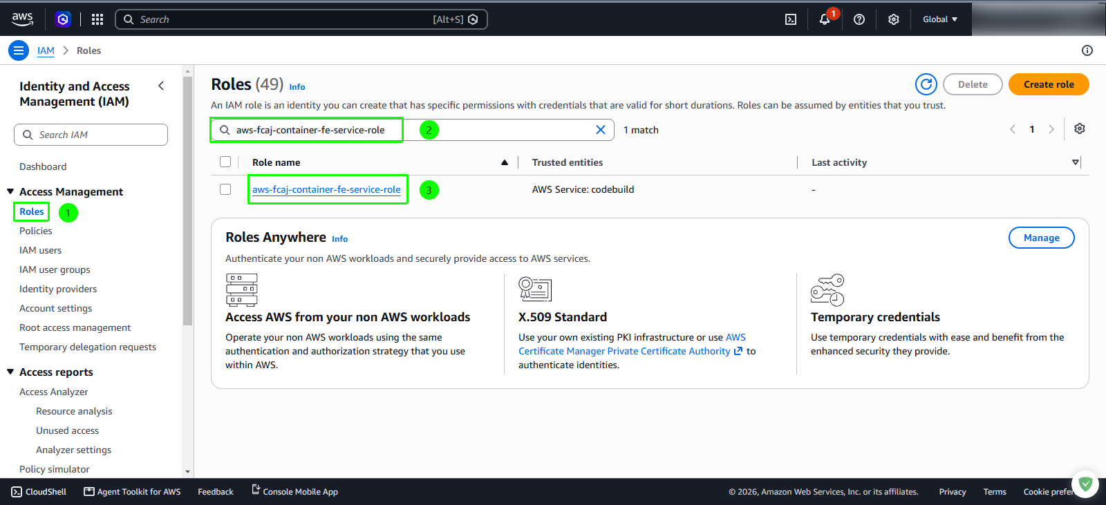 Search and select CodeBuild service role in IAM