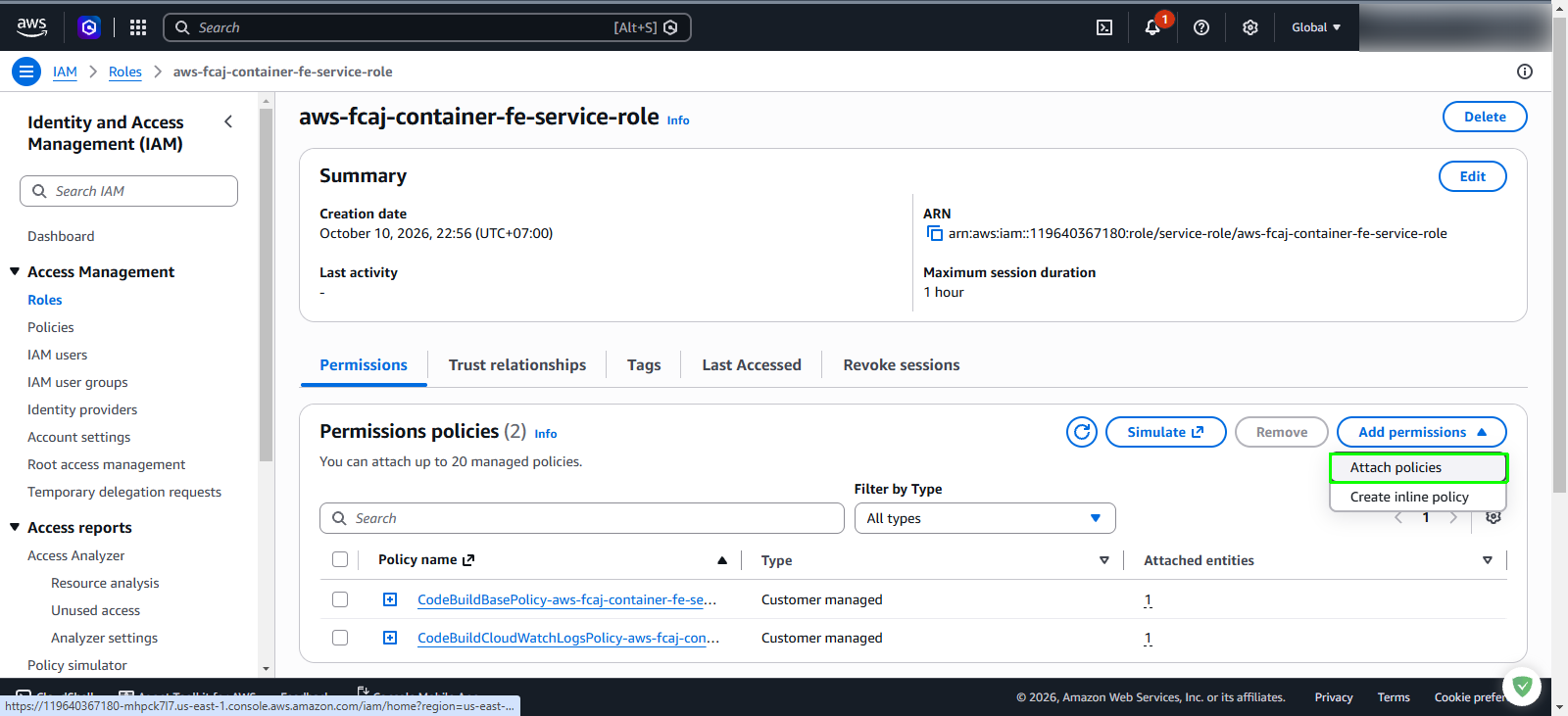 Attach policies to IAM role