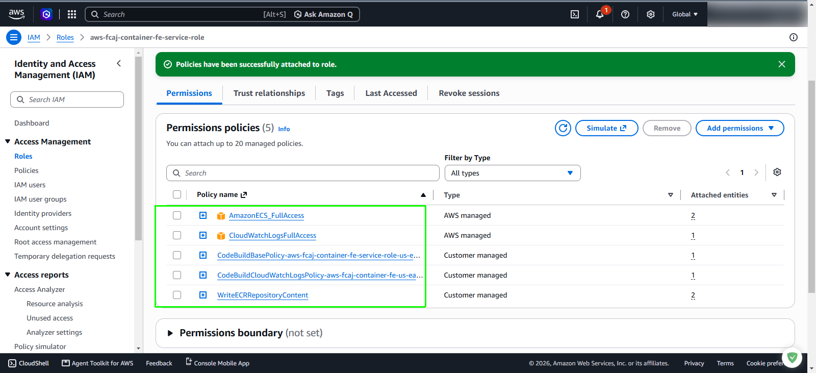 Verify attached policies on IAM service role