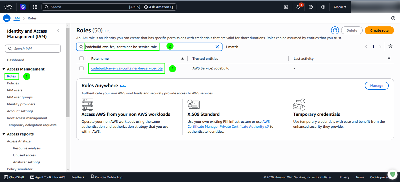 Search and select backend CodeBuild service role in IAM