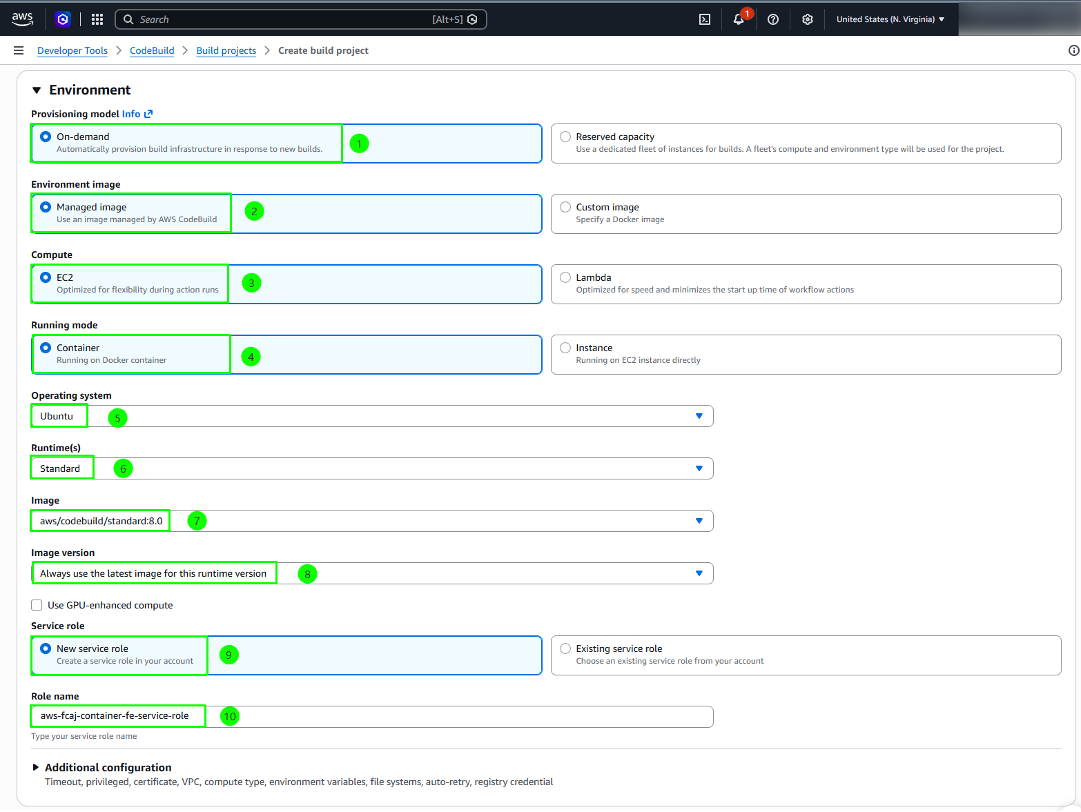 Configure build environment and service role