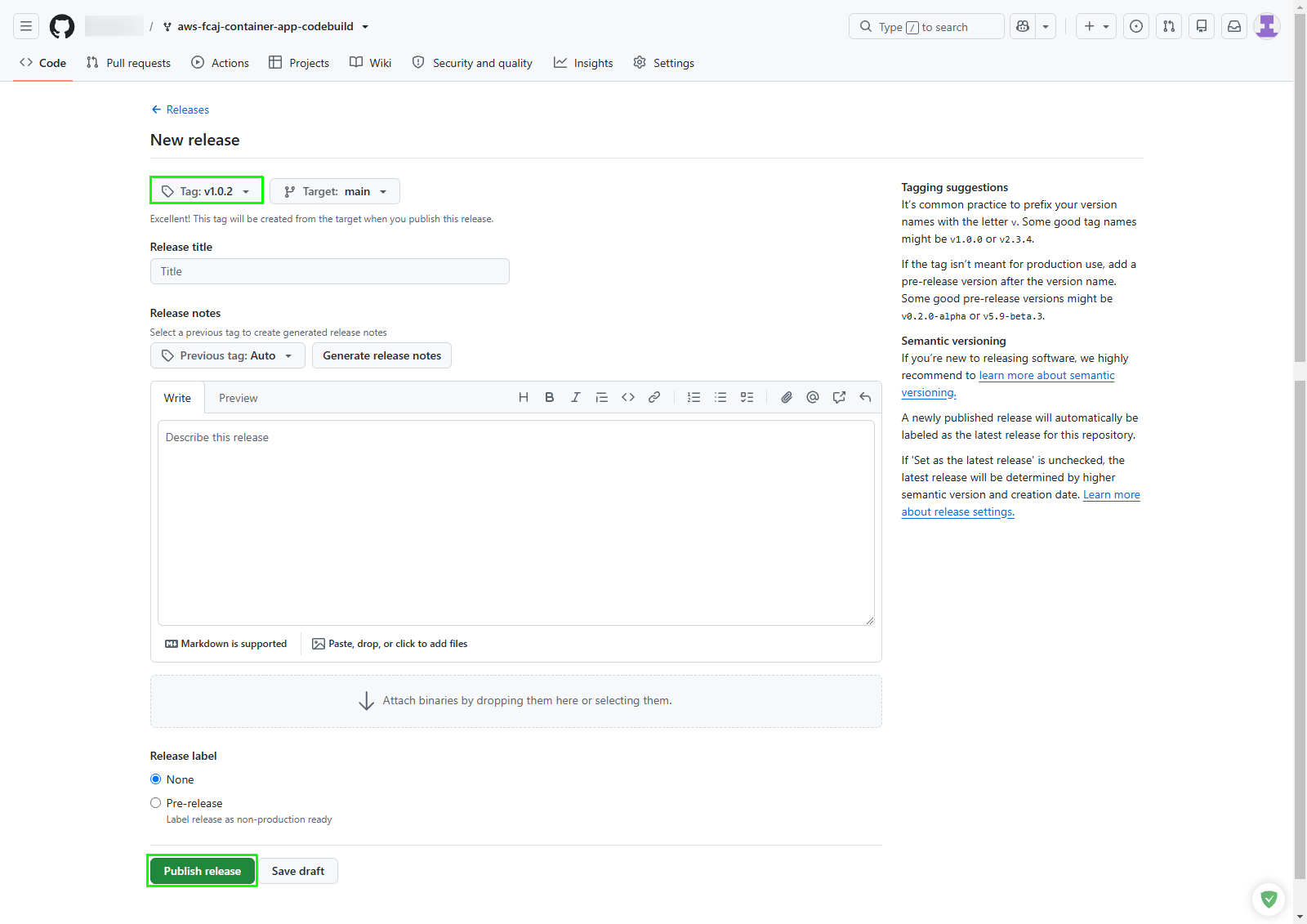 Publish release in GitHub repository