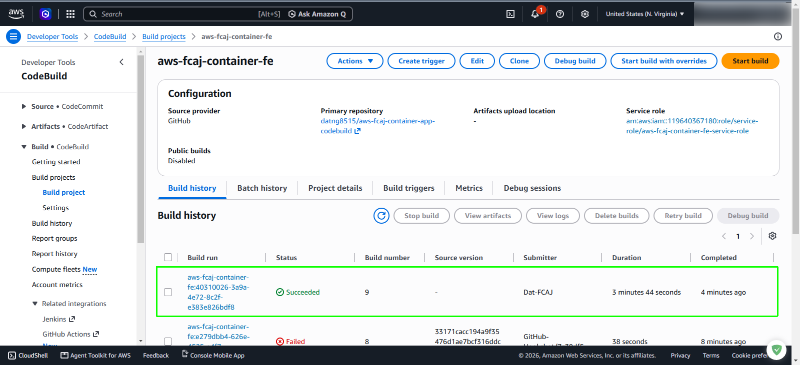 Verify frontend CodeBuild build history