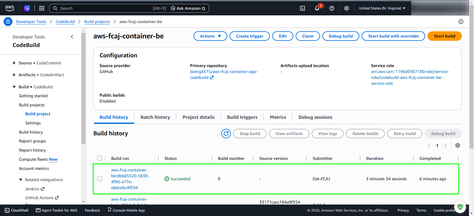 Verify backend CodeBuild build history