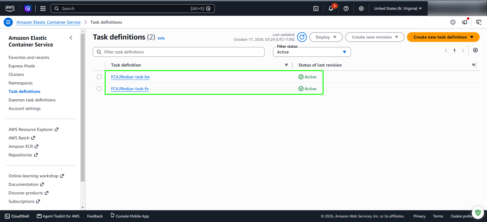 Confirm active Amazon ECS task definitions