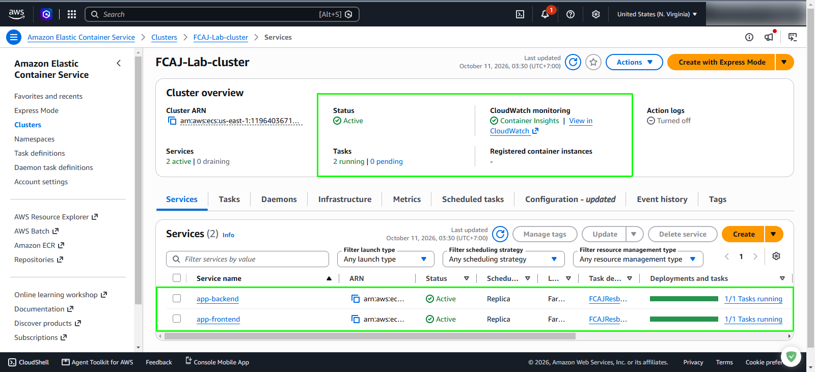 Verify Amazon ECS cluster overview and active services