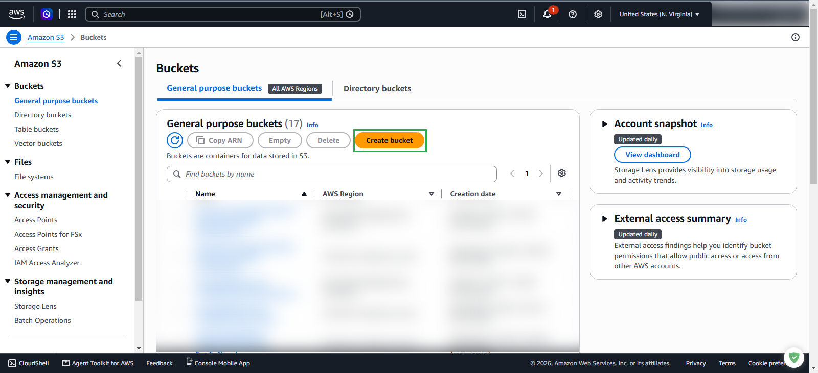 Create bucket dashboard