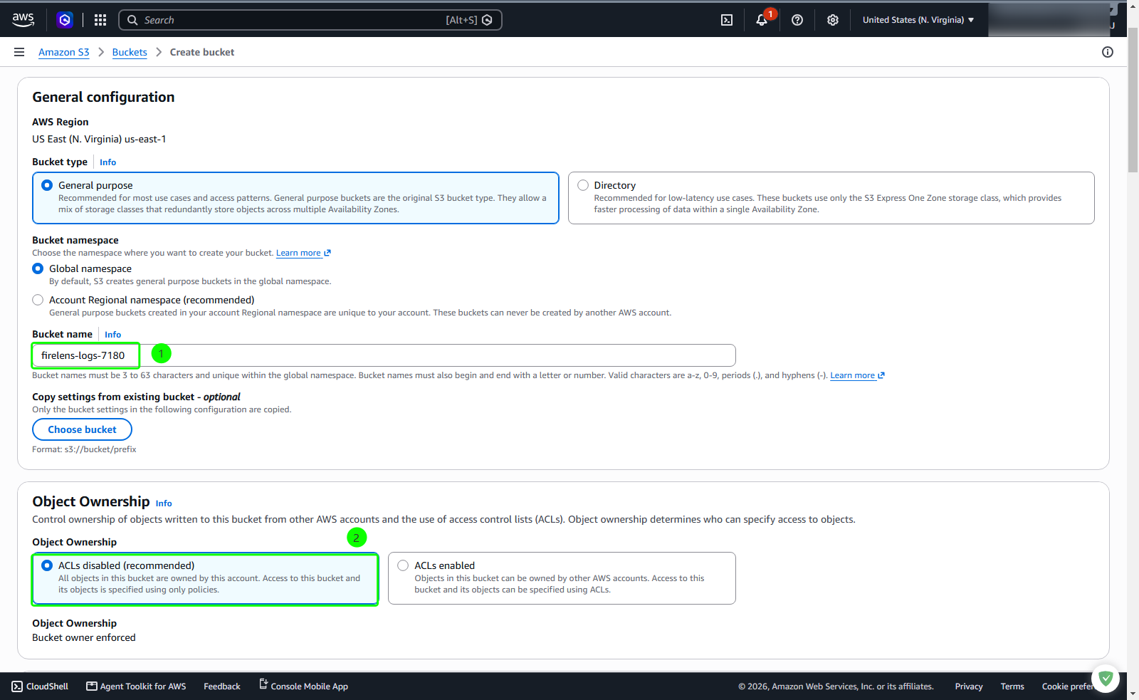 Configure bucket name and ownership