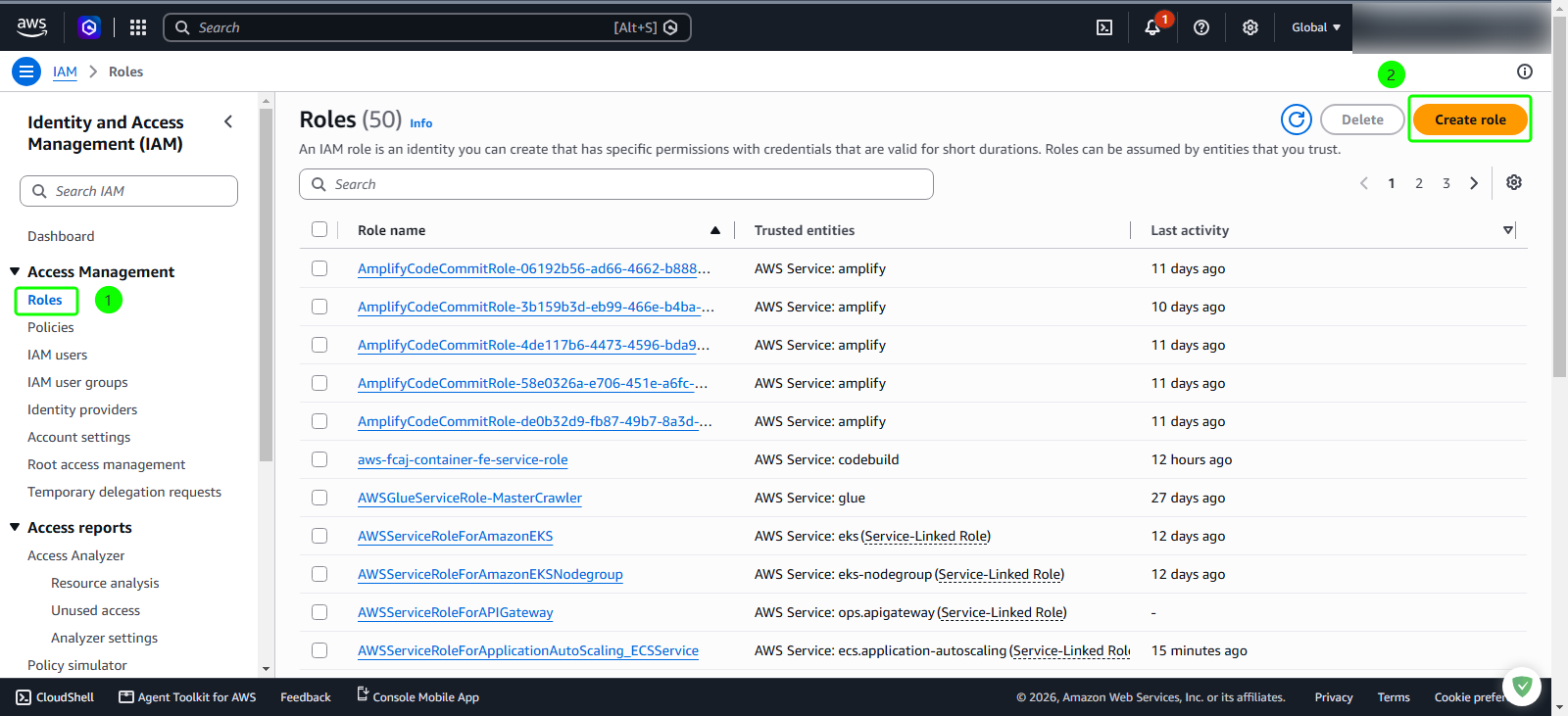 Create IAM role button