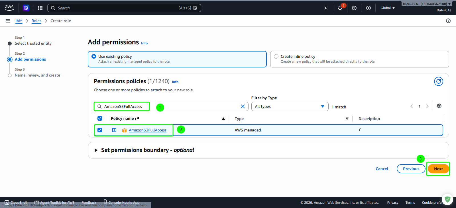Attach AmazonS3FullAccess policy