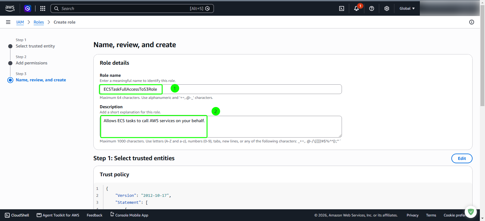 Configure role name and review trust policy