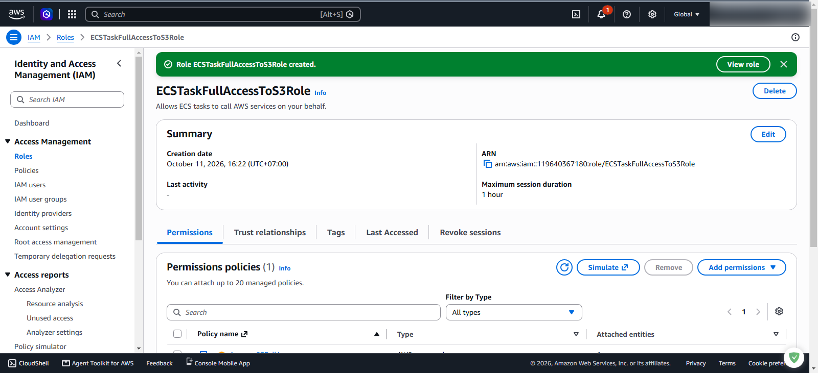 Verify created IAM role details