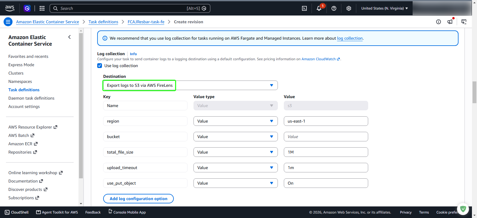 Configure log collection destination
