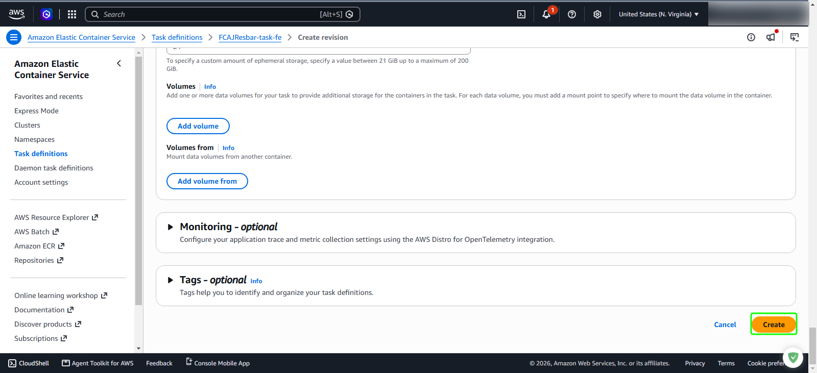 Submit task definition creation