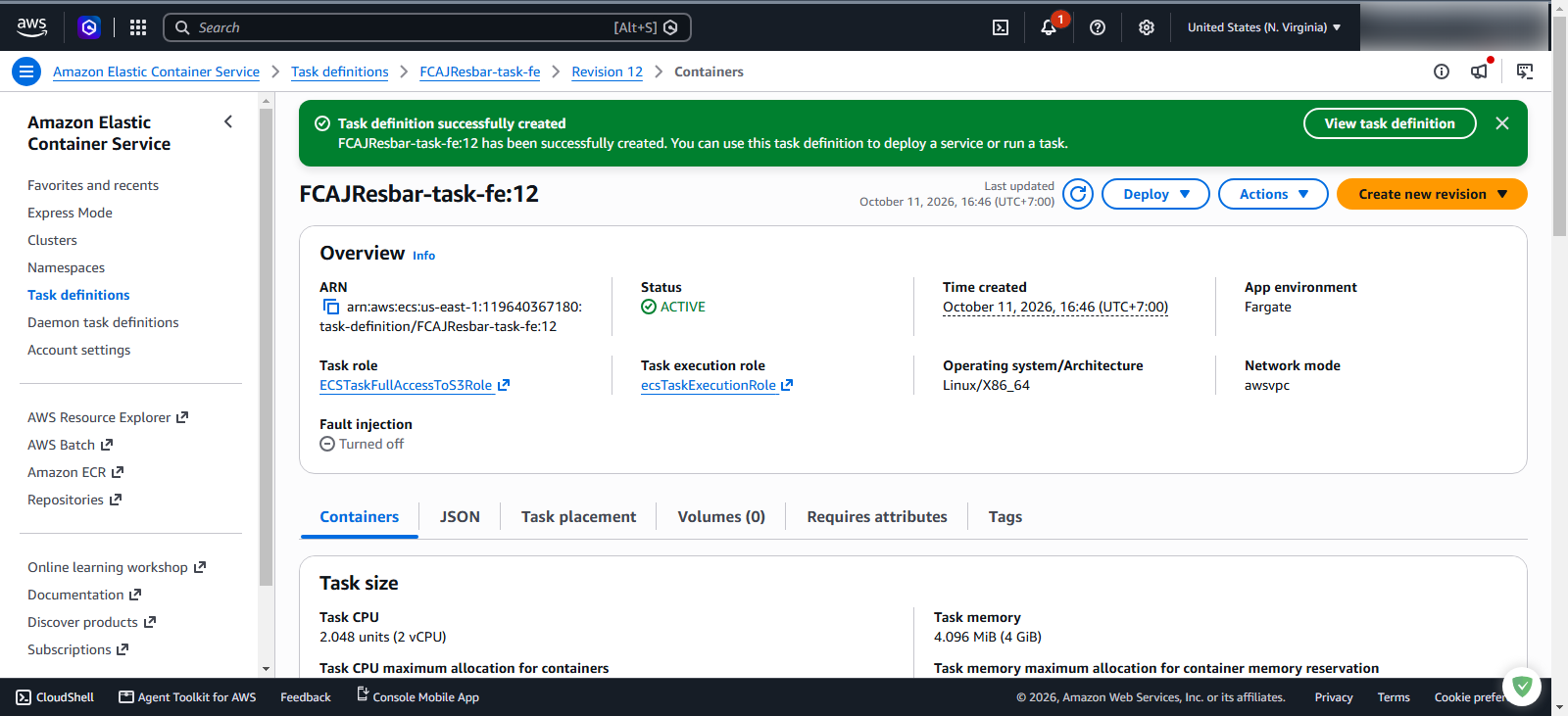 Verify task definition revision overview